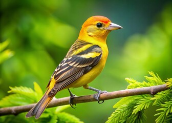 Perched on the branch, the female western tanager's vibrant plumage is set against a lush green backdrop, its