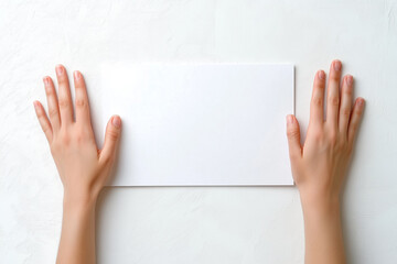 Person's hands holding an empty white sheet of paper on a light background in a minimalist setting