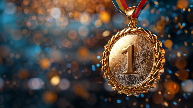 Gold medal with number one and laurel wreath on festive stadium background with confetti. Winner s trophy design for sports competitions and champion celebrations