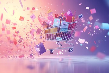 A shopping cart filled with colorful items is flying through the air