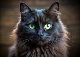 Portrait of a fluffy black angora cat looking curiously into the camera with wide emerald eyes.