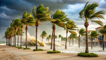 Obraz premium Powerful hurricane winds blow palm trees in sandy Utah beach town, creating destruction