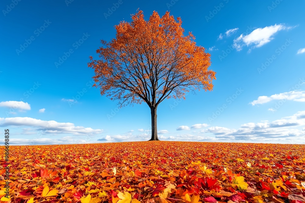 Aufkleber a single barren tree in the middle of a vibrant fall landscape, with bright leaves scattered on the 