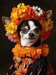 chihuahua wearing a dia de los muertos costume