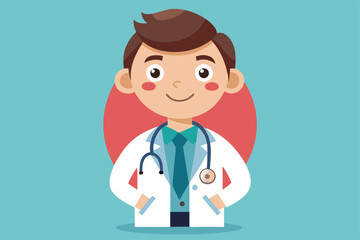 A cheerful doctor stands confidently, wearing a lab coat and stethoscope, ready to assist patients, Customizable cartoon illustration of a doctor.