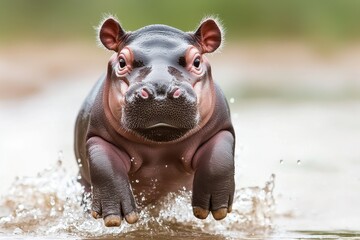 Fototapeta premium Playful baby hippo splashing in a shallow pond, chasing fish, happy and lively. 