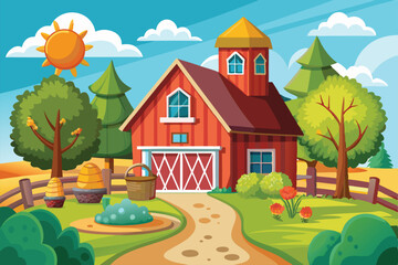 A bright farmhouse nestled among trees, surrounded by flowers, hay bales, and a sunny sky, Customizable cartoon illustration of a farm house