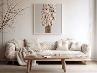 Modern minimalist scandinavian interior. Chunky knit textured couch in white living room