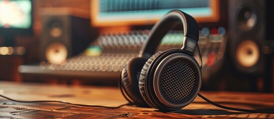 professional studio headphones resting on a wooden desk surrounded by various audio equipment and instruments creating a cozy recording studio environment