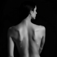 Black and White Artistic Portrait of Young Woman's Bare Back and Shoulders with Dramatic Lighting