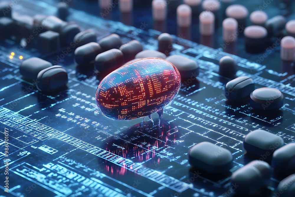 Poster ai healthcare data integration for pharmaceuticals depicted in an abstract design where artificial i
