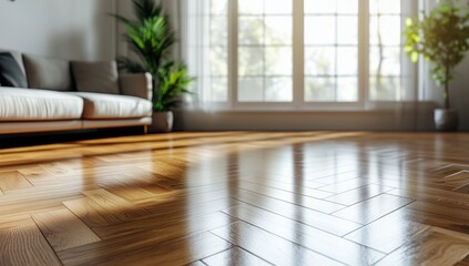 Fototapeta premium A minimalist living space with a polished wooden floor, large windows, and soft natural light. Ideal for highlighting floor care products, home decor, or interior design.
