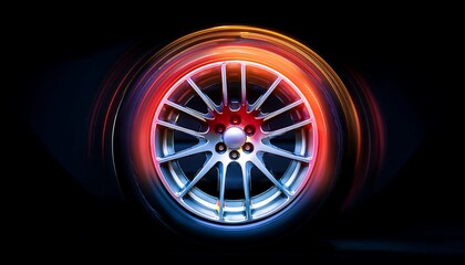 A close-up of a silver car wheel with red and orange light trails around it.