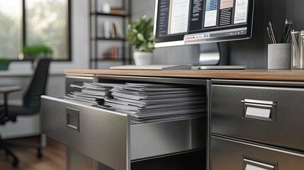 Open Metal Drawer with Stacked Papers in a Modern Office Setting