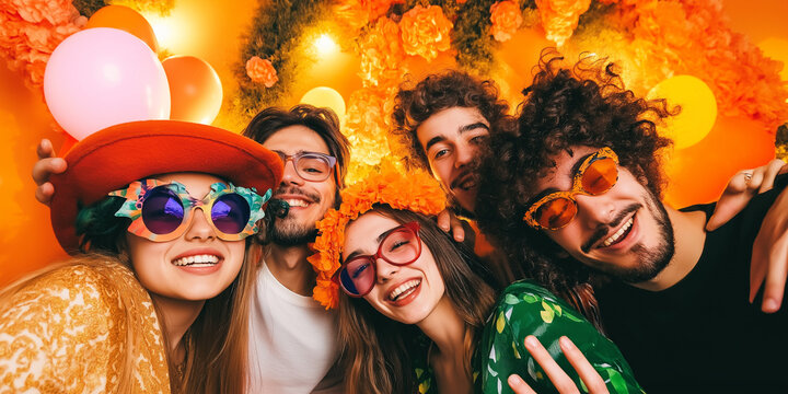 Halloween photo booth with Gen Z friends posing in quirky costumes
