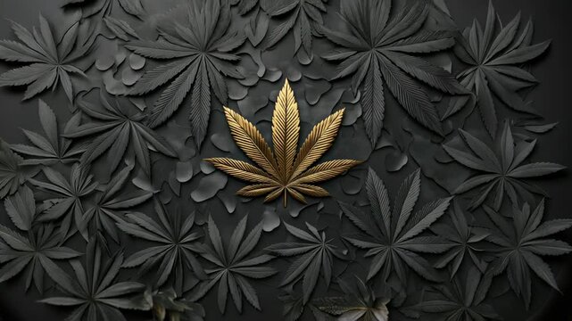 Golden cannabis leaf on dark embossed background