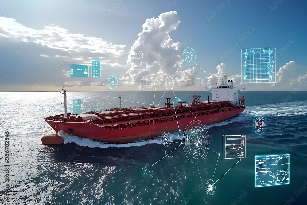 Poster ai maritime logistics within shipping and freight where artificial intelligence optimizes vessel rou