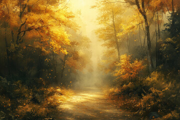Obraz premium A painting of a forest with a path through it