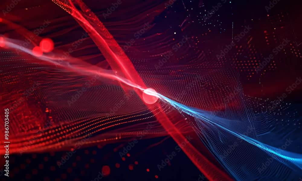 Wall mural digital abstract red and blue dots and lines isolated on a dark background