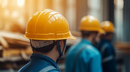 Construction worker in a yellow hard hat, standing with colleagues in a warehouse.