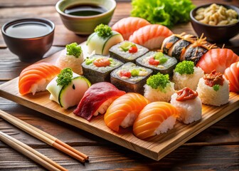 Savory sushi platter showcases a vibrant array of ebi nigiri, gunkanmaki, and rolls, elevated with ginger, wasabi, and