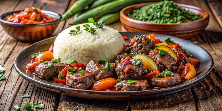 Savory ugali anchors a colorful medley of steamed vegetables and grilled goat meat, set against a rustic backdrop