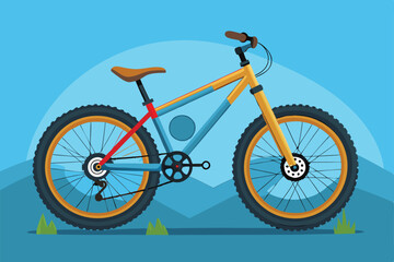 Fototapeta premium A colorful mountain bike featuring a unique design stands against mountains and a clear blue sky, Customizable cartoon illustration of a mountain bike.