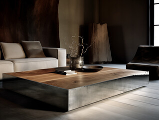 Wabi sabi japanese style minimalist concept interior with large statement coffee table in wood and chrome