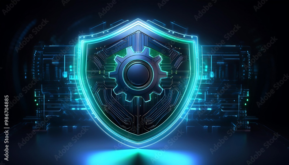 Poster A futuristic digital shield with a gear in the center.  The shield is glowing with blue and green light and is set against a backdrop of a circuit board.