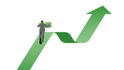 Vector illustration of a businessman holding a stack of banknotes while running on a green upward graph, financial growth, investment success, and business progress in a dynamic, forward move economy