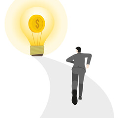 Back view of a businessman running to a glowing dollar coin in a lightbulb, financial growth and innovative thinking. Business and investment themes related to success, wealth, and motivation