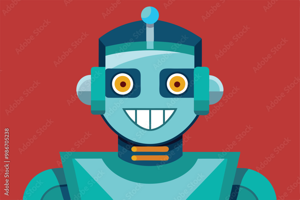 Poster this cartoon features a vibrant robot face with a smiling expression and colorful design elements, c