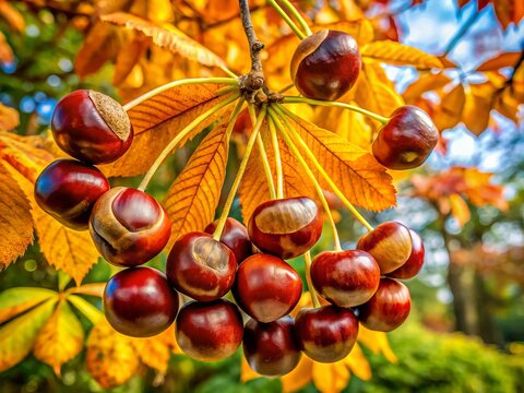 Shiny brown conkers sway gently from autumn tree branches, awaiting their fate as game pieces in a season