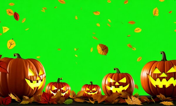 Animated background of autumn leaves and halloween pumpkins with green screen background