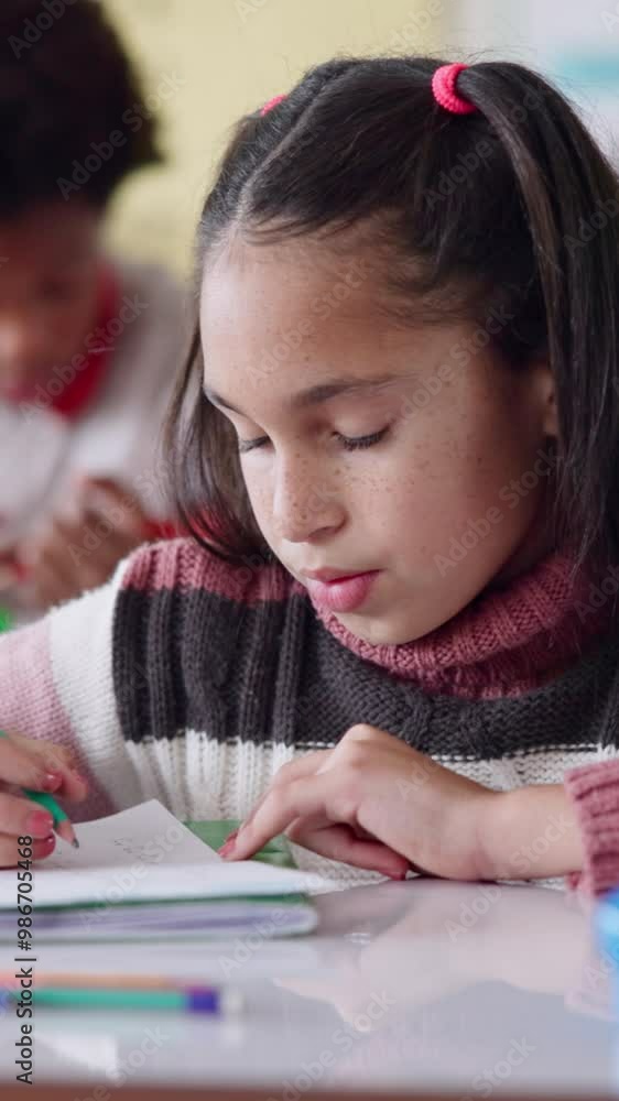 Aufkleber girl, writing and exam at school for education, thinking or problem solving for maths quiz at academ