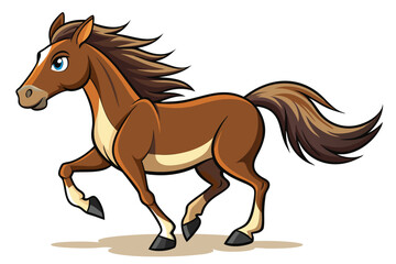 Obraz premium A lively brown horse running joyfully with a flowing mane and tail, Customizable cartoon illustration of a running horse.