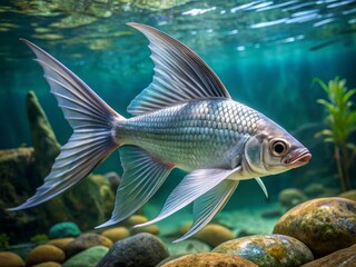 Naklejka premium Silvery fish with long, flowing fins glimmer in the clear water, their ethereal beauty mesmerizing as they glide