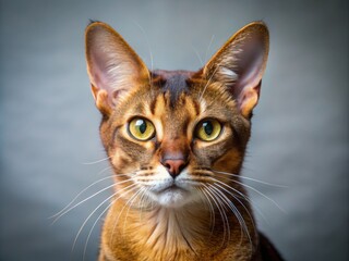 Sleek Abyssinian cat boasts ticked fur, alert eyes, and a curious expression that hints at a mind always