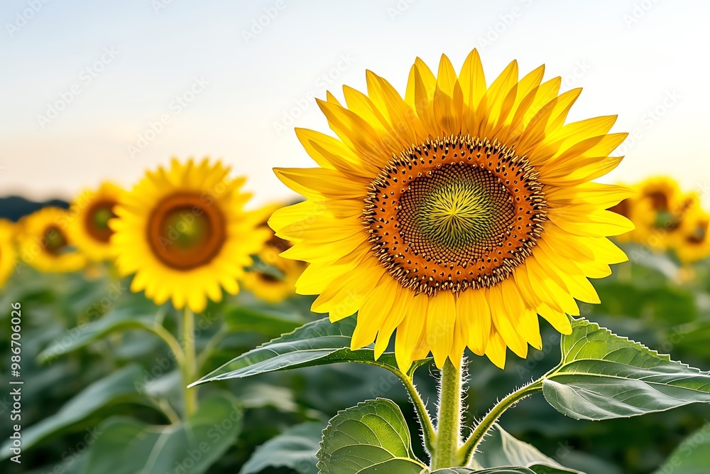 Wall mural a sunflower field in full bloom, with tall yellow flowers facing the sun and a clear sky overhead