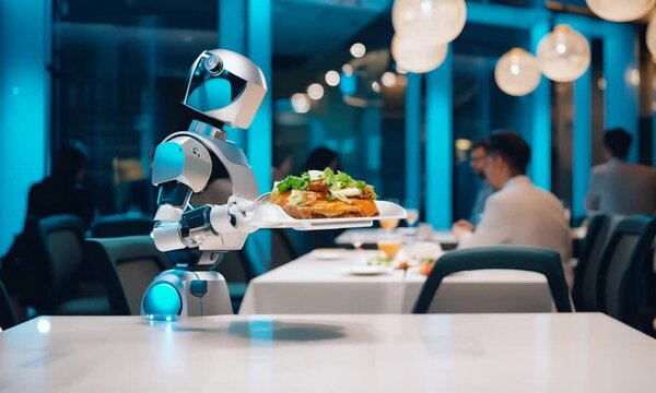 Robot waiter serving food in modern restaurant