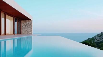 A luxurious infinity pool overlooking the ocean, adjacent to a modern stone and glass structure, with clear skies and serene blue waters.