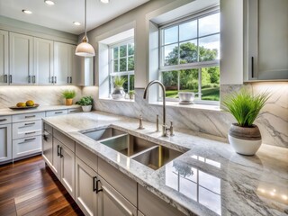 Sleek modern white granite kitchen countertop features built-in sink and stylish backsplash, perfect for preparing