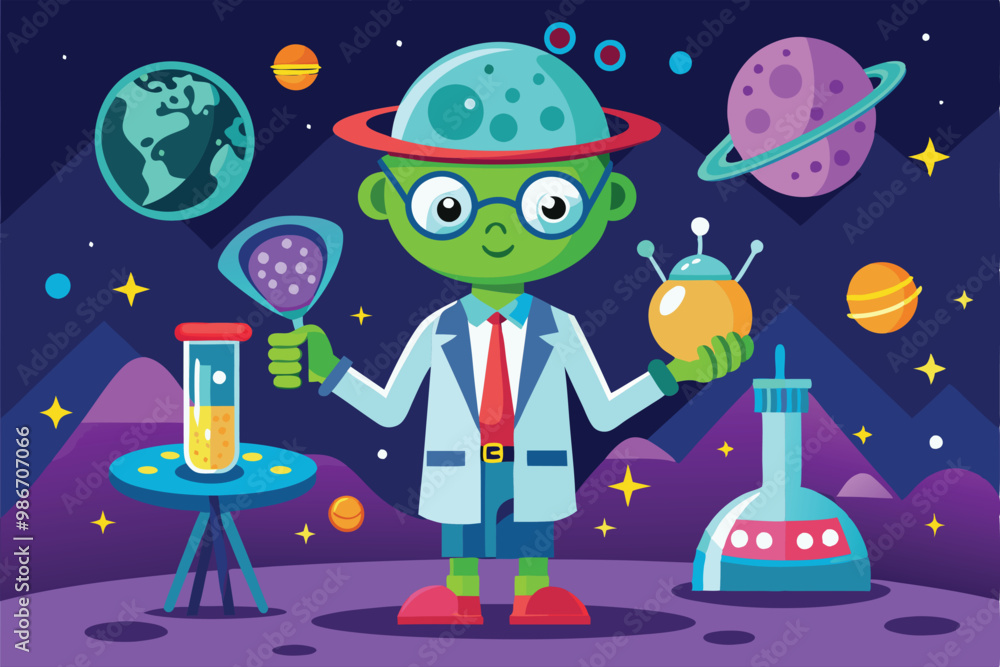 Poster an alien scientist in a lab coat holds cosmic artifacts while surrounded by planets and starry skies