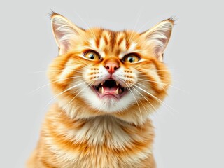 Angry and surprised cat with funny expression, white background