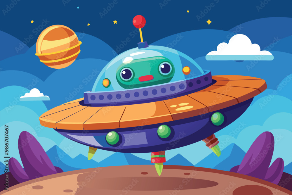 Poster a playful alien spaceship hovers above vibrant planets and clouds in a whimsical outer space setting