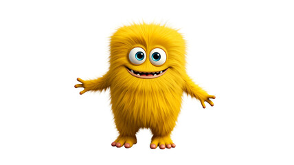 Cute and funny yellow monster 3D cartoon character on transparent background
