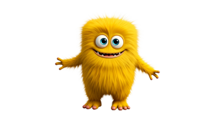 Cute and funny yellow monster 3D cartoon character on transparent background