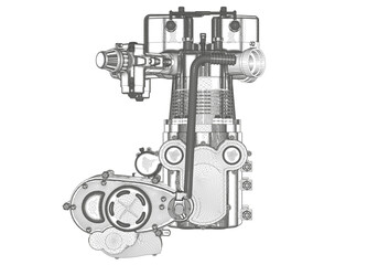 Motorcycle engine on white background.