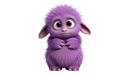 Cute and funny purple monster 3D cartoon character on transparent background
