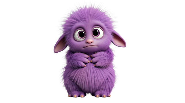 Cute and funny purple monster 3D cartoon character on transparent background